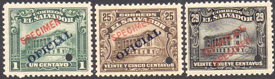 ABN Co. Specimen overprint on 1916 Official Oficial stamps El Salvador Tram Trolley Tranvia National Theatre teatro nacional 